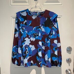 Who What Wear Blue Floral Long Sleeve Blouse Top Size Large Flowy Casual Crew